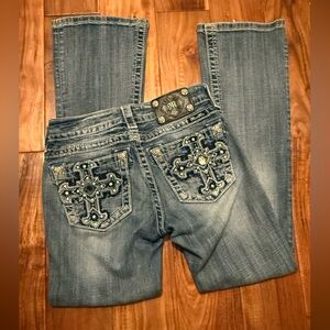 Miss Me Light Blue Boot Cut Jeans with Cross Details